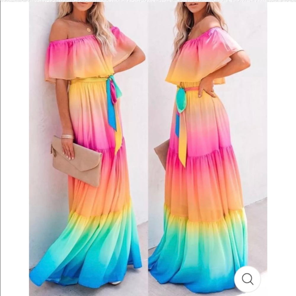 VICI Rainbow Skies Off The Shoulder Tiered Maxi Dress - Small